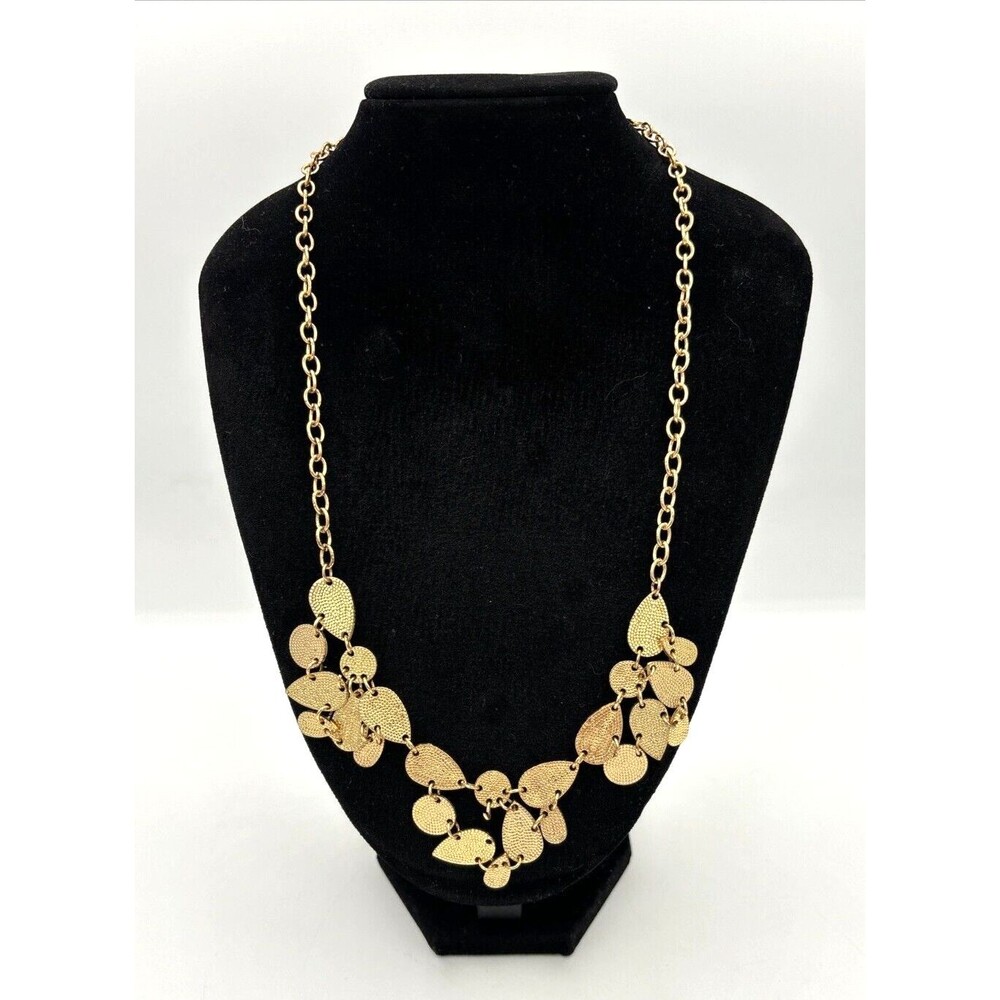 Boho Style Gold Tone Textured Tear Drop Disk Chain Necklace‎ Lobster Clasp EUC